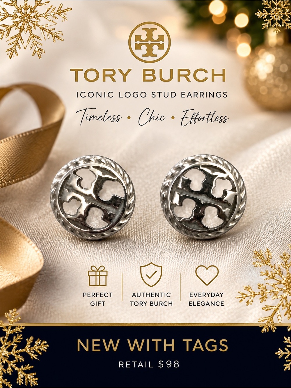 TORY BURCH LOGO earrings in silver NWT  NEW WITH TAGS $98 MSRP